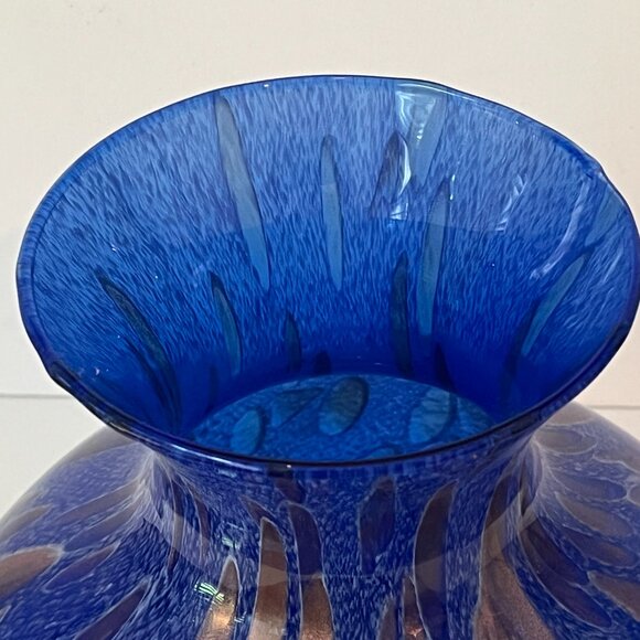 Maestri Vetrai Blown Glass Vase Made In Murano Italy Deep Blue Speckled Copper - Picture 4 of 15